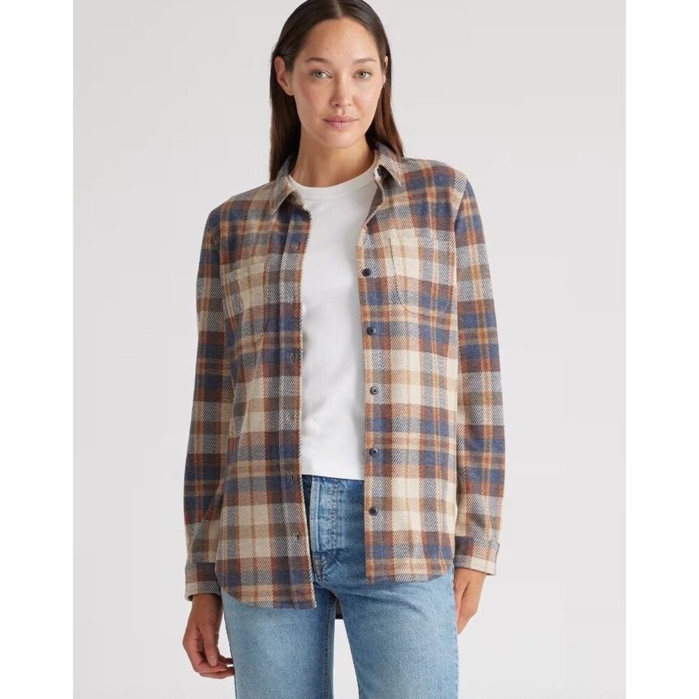 Quince Plaid Stretch Sweater Fleece Shirt Button Up Mocha Check SMALL NWOT